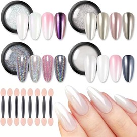 Polvo De Uñas Cromado, Polvo De Cromo Holográfico Con Espejo Metálico Perla Blanca Para Uñas, Kit De Pigmento Con Brillo De Perlas, Juegos De Decoraci