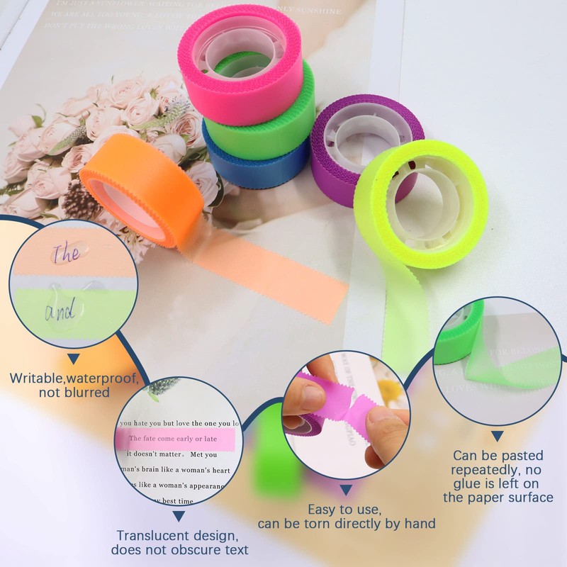 Modixun 6 Rolls Writable Transparent Sticky Notes, Removable Highlighter Tape