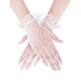SATINIOR Ladies Lace Gloves for Women Tea Party Bridal Elegant Short Floral Gloves for Halloween Cos Prom Opera Wedding(White,Simple Style)
