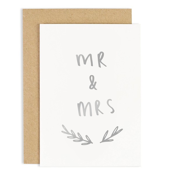 Old English Co. Mr and Mrs Silver Card - A6 Wedding Card for Newly Wed Couple on their Special Day | Engagement, Engaged, Big Day, Bride and Groom | Blank Inside with Envelope