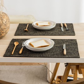 Kevin Textile Burlap Linen Placemats Set of 6 Heat Resistant Dining Table Place Mats Washable Kitchen Table Mats for Dinning Party Holiday Indoor Outdoor, 13 x19 inches, Black Gold