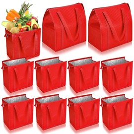 Locmeo 10 Pcs Large Insulated Shopping Bags For Groceries 13 x 12 x 7 inches Reusable Cooler Bags Thermal Totes With Zippered Top For Hot Cold Food Delivery Refrigerator Pizza(Red)