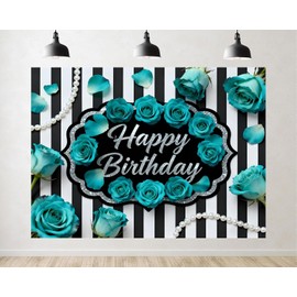 Trykid 5x3ft Elegant Birthday Photography Backdrop Teal Roses Black White Stripes Silver Glitter Frame Pearl Accents Party Decoration Background Photoshoot Studio Props Fabric