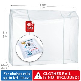 Tatkraft Big Dustproof Protective Cover for Clothes Rail, Easy to Open and Close,Transparent, Extra Wide 6ft (183cm)