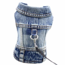 feiling Jeans Dog Jacket with Metal Hook for Dog Lead, Denim Dog Coat Outfit, Dog Clothes, Pet Vest for Puppies, Small, Medium Dogs (Blue, XS)