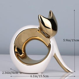 Abstract Small Yoga Cat Statue for Modern Home Decor, White and Gold Decor, Minimalist Cat Figurine for Table Shelf Desk Entryway Mantle Decor, Perfect for Animal & Pet Lovers, 5.9'in