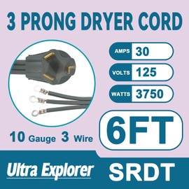 Ultra Explorer 10 AWG 3 Prong Dryer Cord, 6 Ft Heavy Duty Appliance Cord SRDT, 30 Amp Power Cord, NEMA 10-30 Plug, Grey