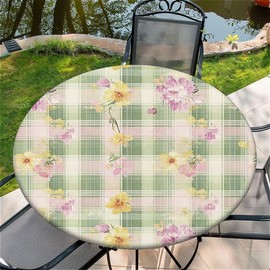Outdoor Round Tablecloth with Elastic Band, Diameter 90 cm, Elastic Garden Tablecloth with Green Grid Pattern