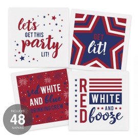 Patriotic Party Napkins / 48 Beverage Napkins / 4 American 4th Of July Designs / 4 3/4" x 4 3/4" Festive Red White And Blue 3 Ply Cocktail Napkin Set/Made In The USA