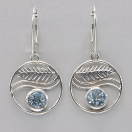 Amber America Facetted Round BLUE TOPAZ Wave Leaf Leverback Earrings 925 STERLING SILVER #61e