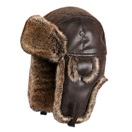Oncefirst Unisex Aviator Hat Faux Leather Pilot Cap Winter Trapper Hunting Hat Brown XL