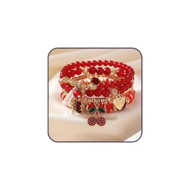 JWIGP 4Pcs Cherry Bracelet Set for Women, Red Beaded Pendant Stretch Layered Gold Plated Crystal Charm Bracelets Jewelry Stackable Boho Christmas Accessories Gift (Cherry)