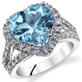 PEORA Swiss Blue Topaz Signature Heart Ring for Women 925 Sterling Silver, Natural Gemstone, Large 5.25 Carats Heart Shape 11mm, Size 7, Engagement, Promise, Statement Ring, December Birthstone Ring