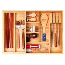 COIWAI Double Layer Bamboo Kitchen Drawer Organizer Cutlery Utensil Silverware Drawer Organizer, Silverware Tray for Drawer Removable Utensil Holder Flatware Organizer Multi-use Storage Box (L)