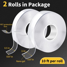 KUSUFEFI Double Sided Adhesive tape Heavy Duty, Double Stick Mounting (2 Rolls, Total 20FT), Clear Two Sided Wall tape Strips, Removable Poster tape for Home, Office, Car, Outdoor Use