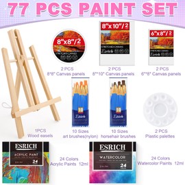 ESRICH 77PCS Professional Premium Paint Kit with 1 Wood Easel,48Colors (24 Acrylic & 24 Watercolor), 20 Brushes,6 Canvases, Painting Supplies Kit for Kids,Students, Artists and Beginner