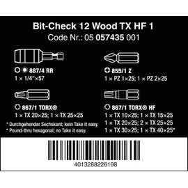 Wera - 05057435001 Bit Assortment, Bit Check 12 Wood TX HF 1, 12 Pieces