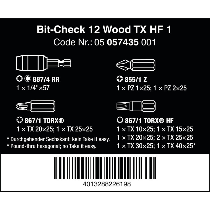 Wera - 05057435001 Bit Assortment, Bit Check 12 Wood TX