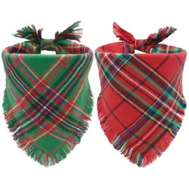 CozyHaus - Pañuelos de Navidad para perro, 2 unidades, talla L, clásico de invierno rojo y verde a cuadros con bordes de borlas, traje de día festivo triangular para perros de niño y niña, disfraces