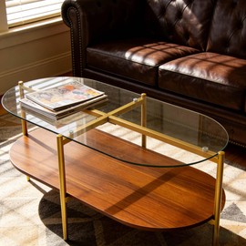 Glass and Wood Coffee Table, Mid Century Modern Design, Clear Glass Top, Solid Brown Storage MDF Shelf and Sturable Gold Legs for Small Space, Office, Department
