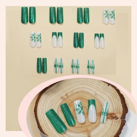 BABALAL Christmas Press on Nails Long Square Fake Nails Green French Tip Glue on Nails Glitter Bling Acrylic Nails Snowflake Winter False Nails 24Pcs Squoval Manicure Stick on Nails
