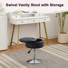 Xenothos Ottoman Swivel Vanity Stool Chair with Storage for Makeup Room Stool for Vanity Chair Height Adjustable Faux Leather Black