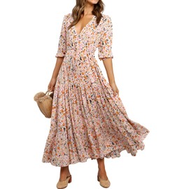 MASKAZU Women's Casual Short Sleeve Empire Waist Tiered Boho Vacation Midi Floral Dress with Pockets M Beige