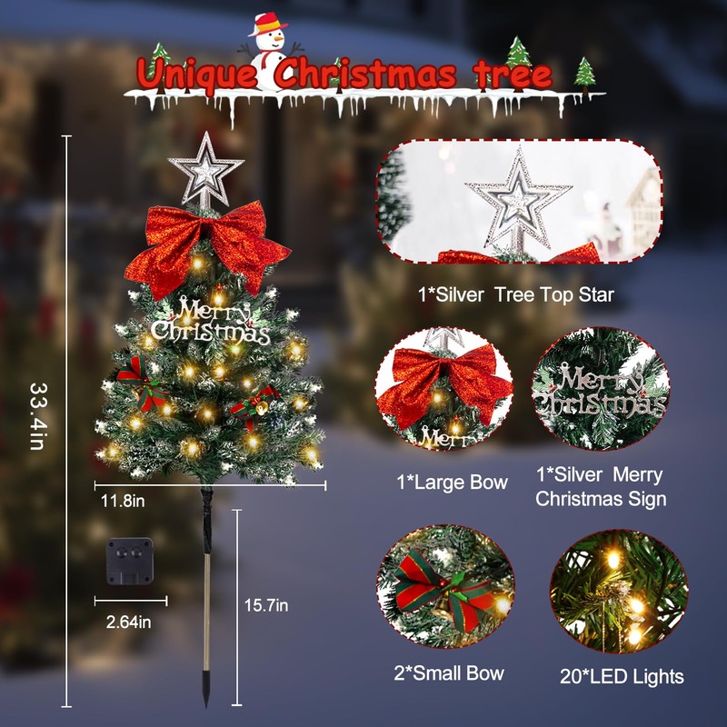TAILERRI Christmas Tree Solar Pathway Lights Outdoor Decor, 4 Pack,