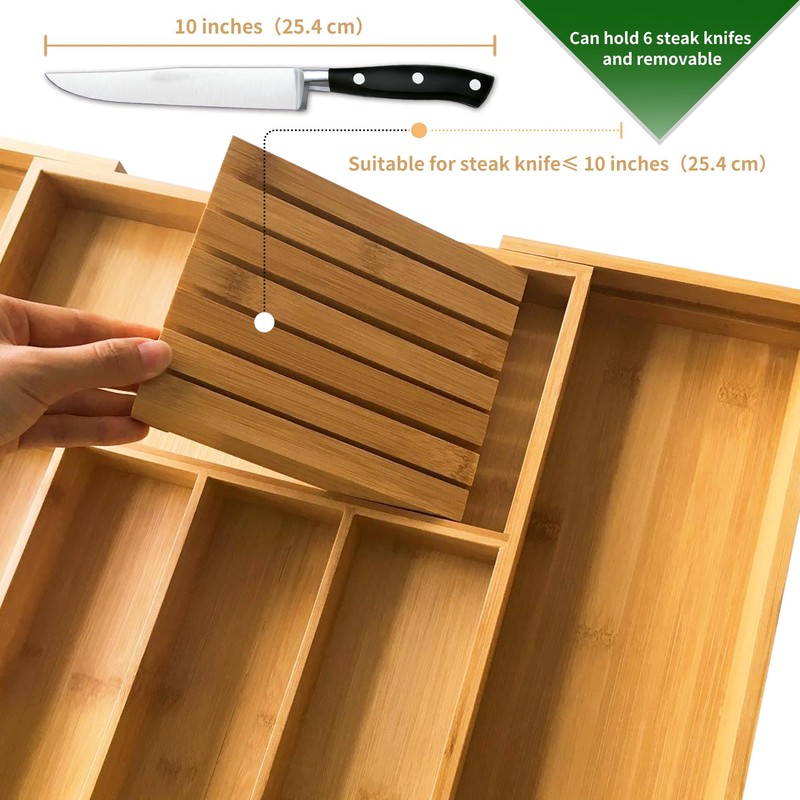 VaeFae Bamboo Silverware Drawer Organizer Kitchen, Expandable Utensil Organizer with