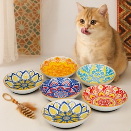 Ceramic Cat Dish with Anti-Slip Base, Shallow Cute Bowl for Indoor Kitten Food – Bohemian Whisker Friendly Plate, Microwave Safe (Set of 6)