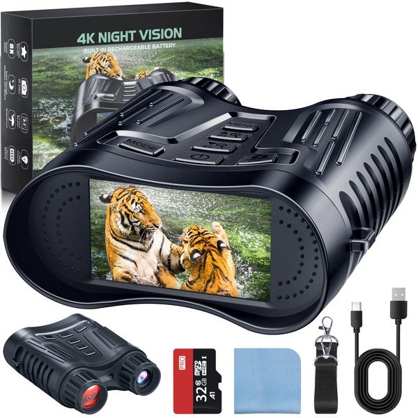 4K Night Vision Goggles, Infrared Night Vision Binoculars for Adults, 3.2'' Large Screen, 8X Digital Zoom, 32GB Card to Save Photos and Videos for Camping Hunting & Security