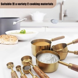 8Pcs Measure Cup and Spoon Set with Acacia Wooden Handle, Gold Stainless Steel Stackable Measurement Kitchen Accessories Set for Kitchen,Cooking,Baking