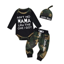 Kulcerry Infant Baby Boy Clothes Long Sleeve Romper + Camouflage Pants + Hat 3PCS Outfits Set（Black, Newborn