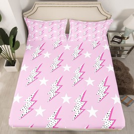 Lightning Flash Print Kids Fitted Sheet Full Size,Boys Girls Adults Bedroom Decor,Abstract Stars Polka Dots Bed Cover,Stylish Chic Bedding Set,Pink Romantic Bed Sheet,2 Pillowcases