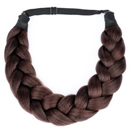 BOBIYA Afro Thick Yaki Straight Wide 2 Strands Synthetic Braided Headband Kinky Straight Plait Hair Band (Dark Burgundy Brown)