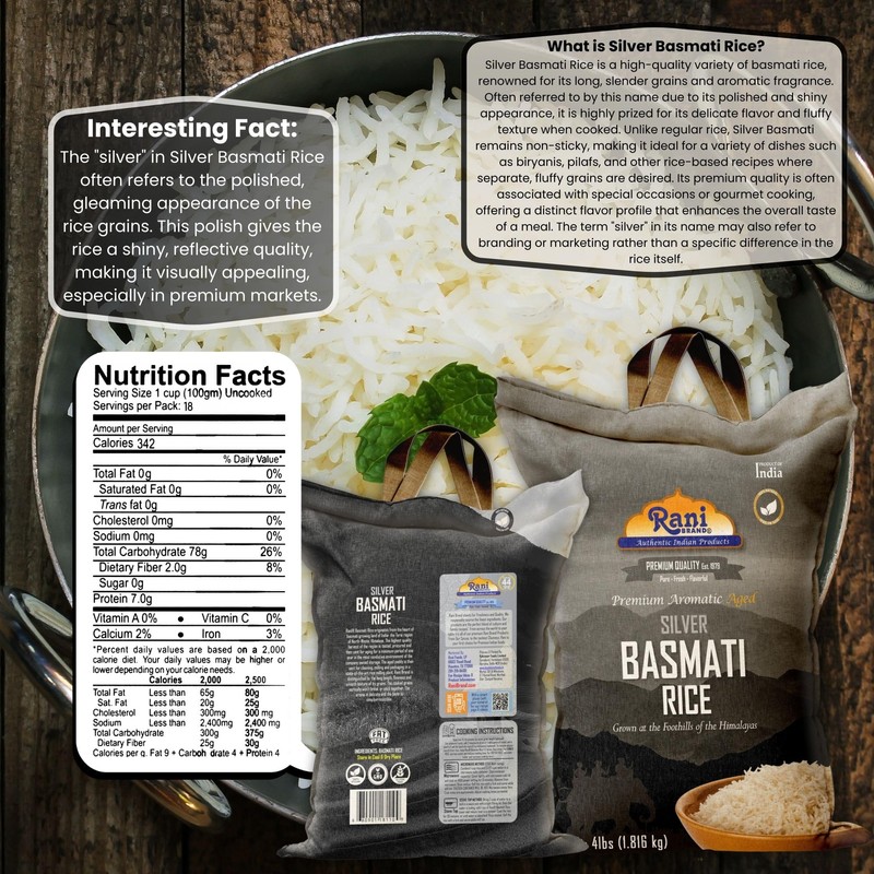 Rani Silver White Basmati Rice Extra Long Aged 4-Pound Bag,