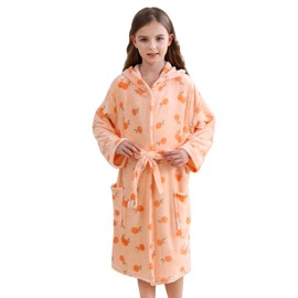 V.&GRIN Girls Fleece Hooded Robe, Kids Soft Plush Warm Printed Bathrobe Sleepwear Gifts for 5-14 Years（Coral Orange 11-12）