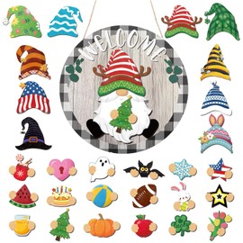 FairySandy 29 Pcs Interchangeable Gnome Welcome Sign for Front Door Seasonal Wooden Home Decor with Magnet Wall Decoration Detachable Hat for Spring 4th of July Bee Festival(Black White Plaid Color)