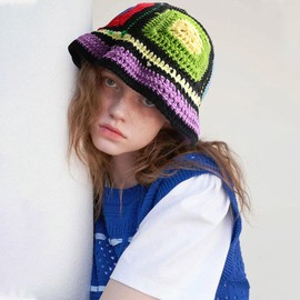 YAMEIZE Crochet Knitted Bucket Hat for - Women Men Handmade Crochet Hat Stylish Floral Knitted Beanies Bucket Hat Sun Travel Colorful Beach Outdoor