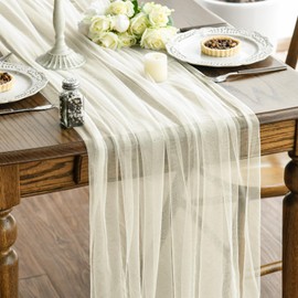 Artoid Mode Beige Gauze Table Runner 120 Inch 10FT, Seasonal Sheer Chiffon Cheesecloth Kitchen Dining Holiday Birthday Table Decor for Home Party