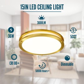 Wheatronic Gold Ceiling Light Fixture Flush Mount LED,16 inch Kitchen Lighting Fixtures Ceiling Mount 36W, Dimmable Close to Ceiling Light Fixture 5CCT for Bedroom,Bathroom,Living Room