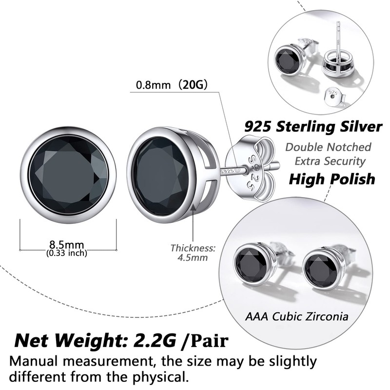 Punk Stud Earrings for Man Sterling Silver Black CZ Tiny