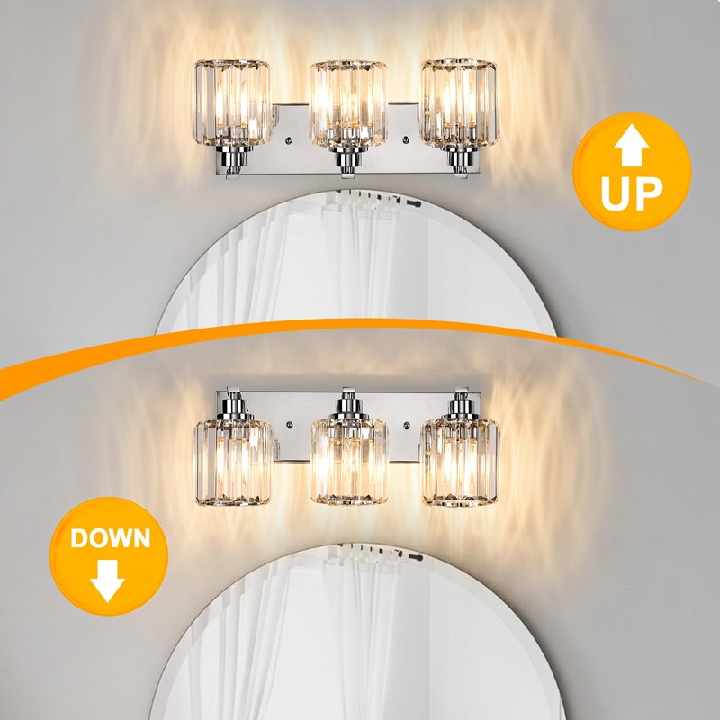 Haolaike 3 Lights Crystal Bathroom Vanity Light Modern Chrome Bathroom