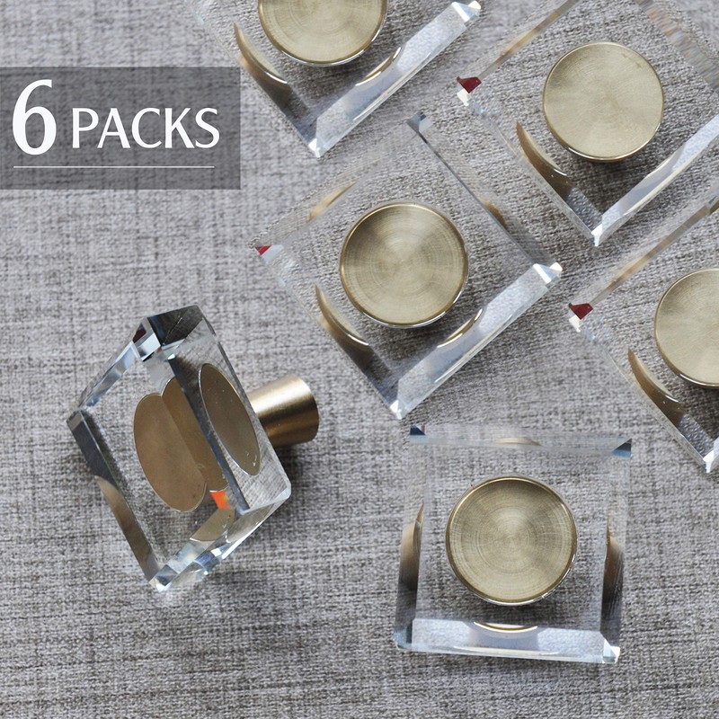 JEREVER 6 Pack Glass Crystal Knobs Brass Drawer Pull Cabinet