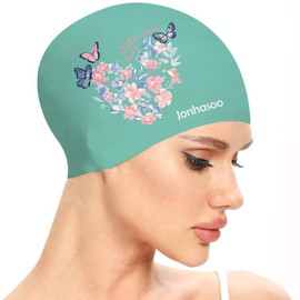 Jonhasoo Swim Cap Women, Silicone Swimming Cap for Long Hair with Leaf Printed