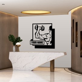 Add Your Name Gym Fitness Wall Decals with Half of Man Silhouette with Barbell - Home Fitness Gym Motivational Wall Decals with Customizable Name - Vinyl Decal Gym