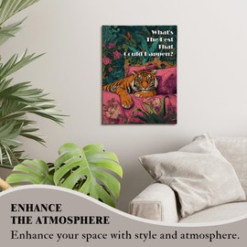 KU-DaYi Boho Tiger Inspirational Wall Art Decor, Maximalist Eclectic Floral Tiger Canvas Prints Pictures Framed, What's the Best That Could Happen Wall Art Prints for Home Bedroom Decor, 11x14 Inches