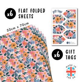 Wedding Wrapping Paper - 6 Sheets Birthday Wrapping Paper for Women - Watercolour Floral Pattern - Pink, White Orange Flowers - Bridal Shower - with Stickers - by Central 23