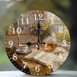 Lancholy 10-Inch Silent Wooden Wall Clock, Teapot Flowers Book Peaceful Morning ” Silent Non-Ticking Clock, Battery Operated (AA Batteries Not Included), Artistic Home Decor