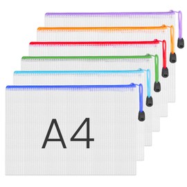 NICKLIN Pack of 6 Document Wallets A4 Document Folder Transparent Zip Pockets Mesh Plastic Bag Waterproof Mesh Bag 6 Colours A4 Zipper Bag for Office Supplies Documents Paper Travel